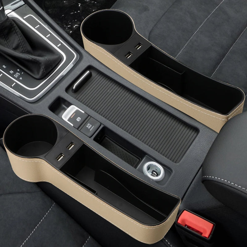 Organizador de Carro Luxo com Porta-Copos e Carregadores USB Integrado