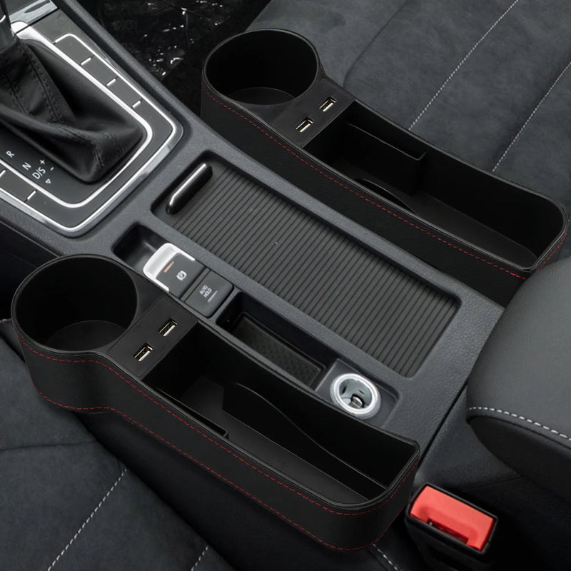 Organizador de Carro Luxo com Porta-Copos e Carregadores USB Integrado